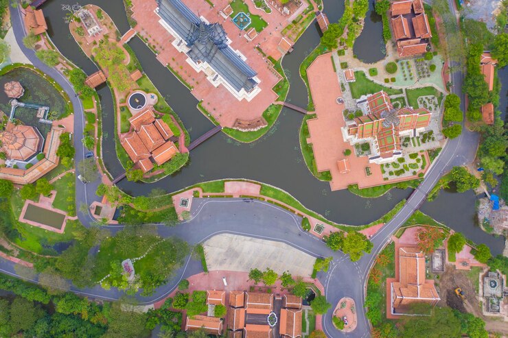 Photo high angle view of houses and street in city