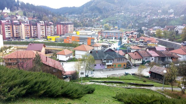 High angle view of houses in town