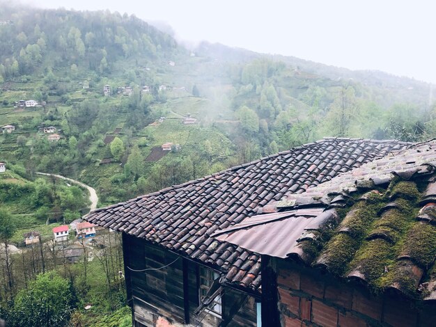 High angle view of houses and trees on mountain