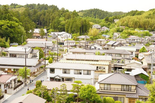 High angle view of houses and trees in town