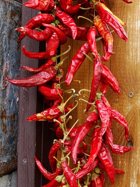 High angle view of hungarian paprika peppers on wall