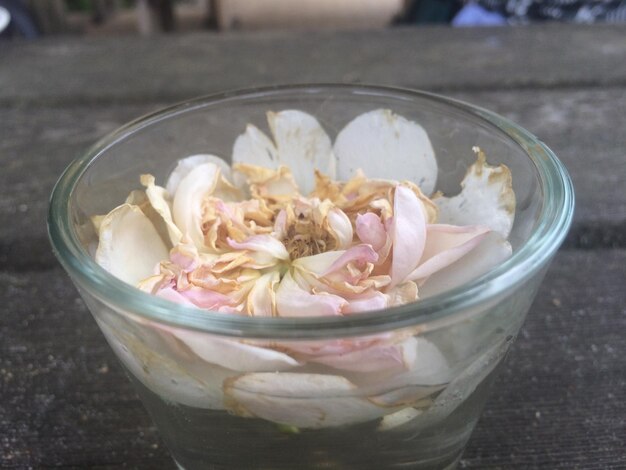 High angle view of ice cream in bowl on table