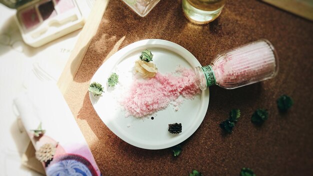 High angle view of ice cream on table