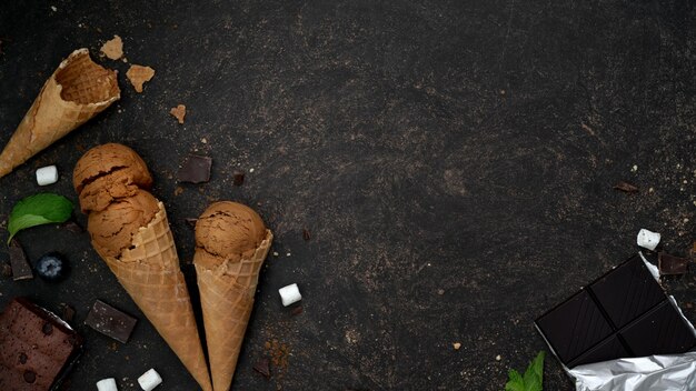 High angle view of ice cream on wood