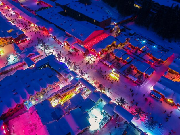 High angle view of illuminated building at night