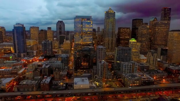 High angle view of illuminated buildings in city at nightwashington dc