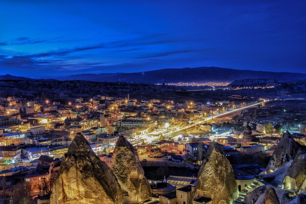 High angle view of illuminated buildings in city