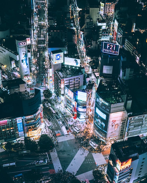 夜に照らされた建物の高角度の視界