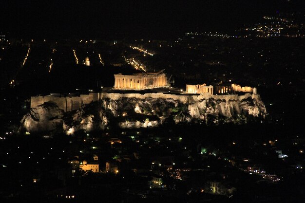 High angle view of illuminated buildings at night