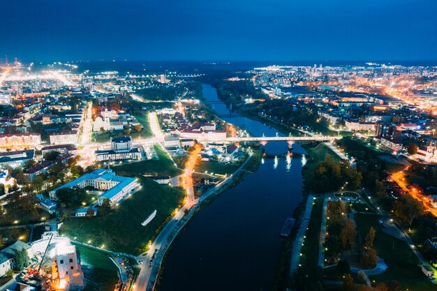 High angle view of illuminated city at night