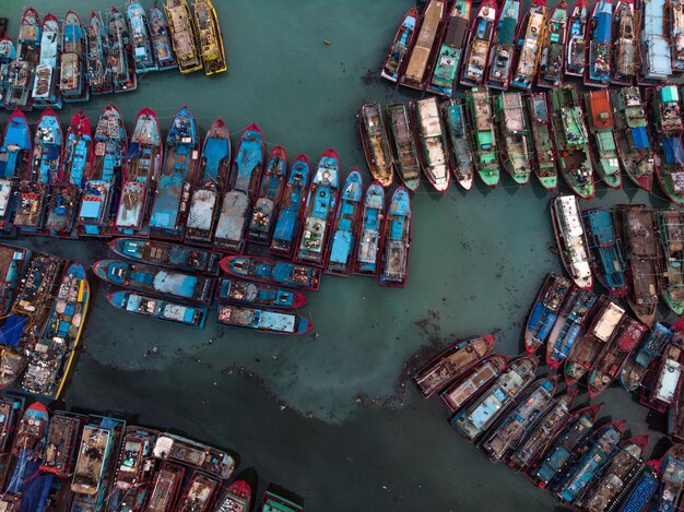 High angle view of illuminated commercial dock