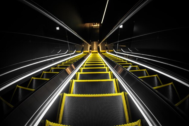 High angle view of illuminated escalator