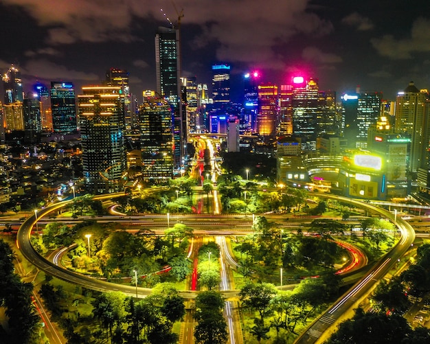 Photo high angle view of illuminated jakarta city at night semanggi interchange