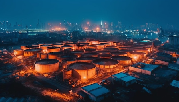 High angle view of illuminated petrochemical plant generated by AI