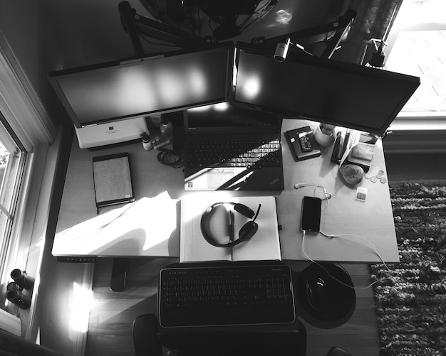 high angle view of illuminated table at home