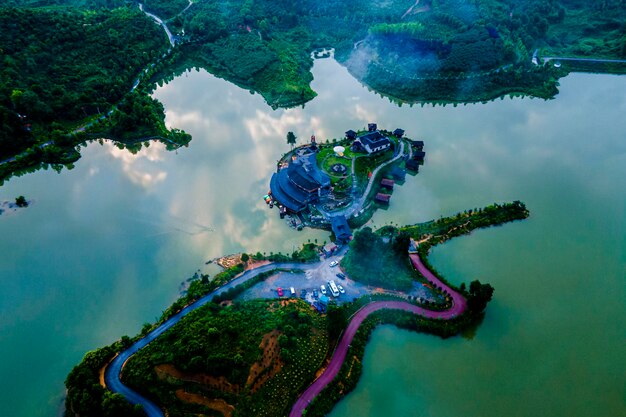 High angle view of island in sea against sky