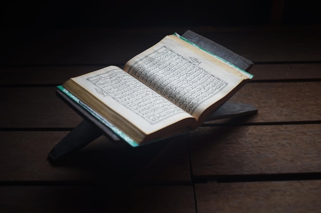 High angle view of koran with rehal on hardwood floor