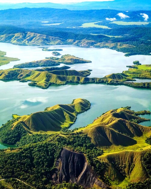 High angle view of lake against mountain