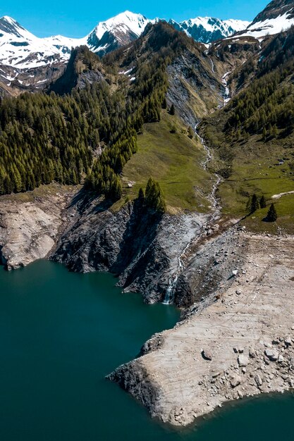 High angle view of lake by mountain