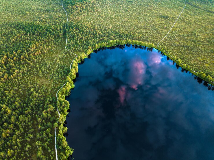 Photo high angle view of lake seen through land
