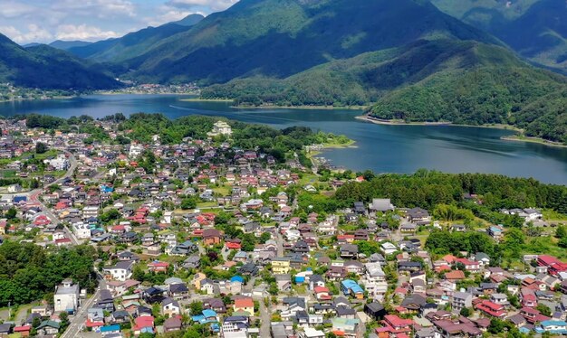 High angle view of lake and townscape