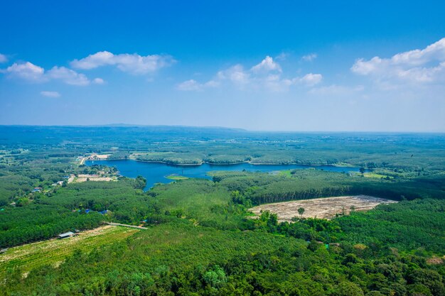 High angle view of landscape against blue sky