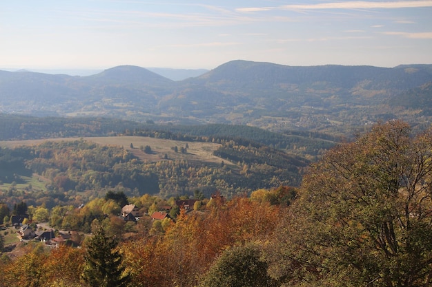 High angle view of landscape against sky during autumn