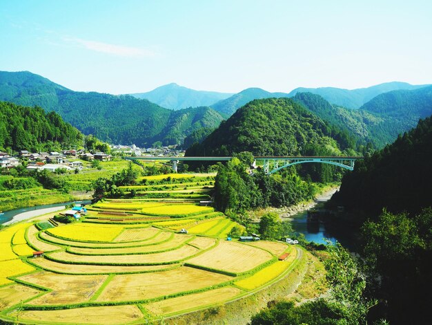 High angle view of landscape and mountains against sky