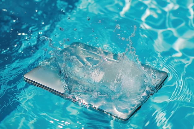 High angle view of a laptop computer sinking into a swimming pool