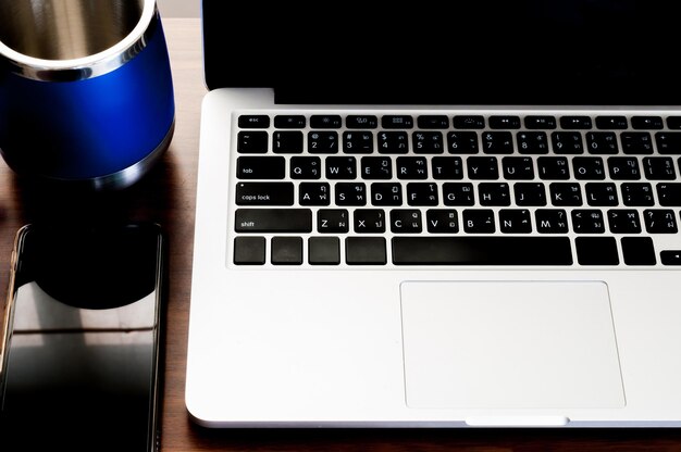 High angle view of laptop on table