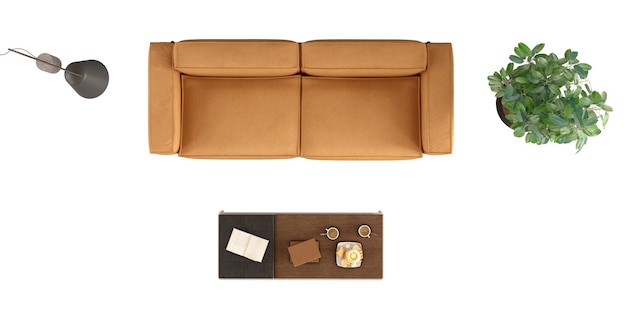 Высокий угол обзора кожаного дивана, торшера, кофейного столика и комнатного растения, изолированных на белом 3d-рендеринге