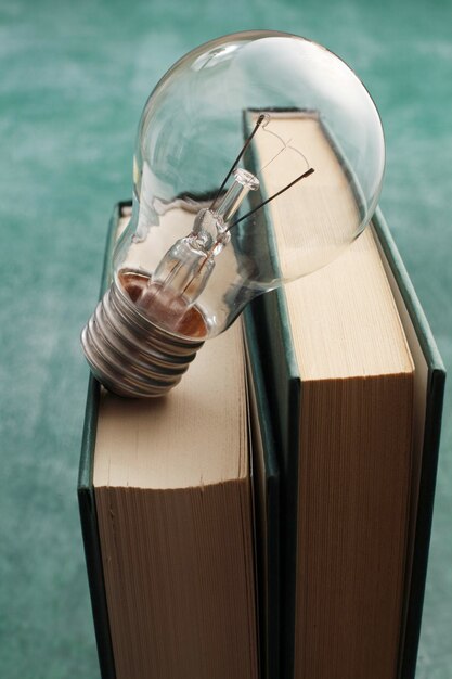 Foto vista ad alto angolo della lampadina con i libri sul tavolo