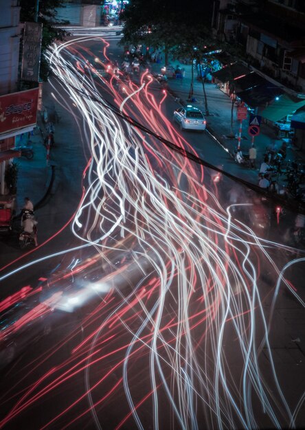 High angle view of light trails on road at night