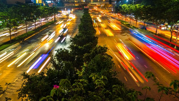 High angle view of light trails on street at night