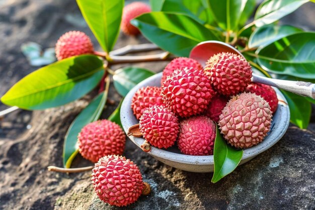 High angle view of lychees with spoon in bowl on rock