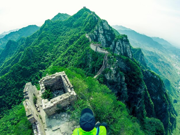 High angle view of man at great wall of china