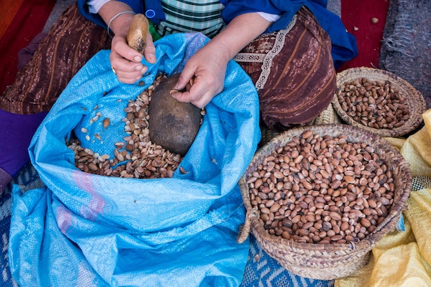 High angle view of man holding basket