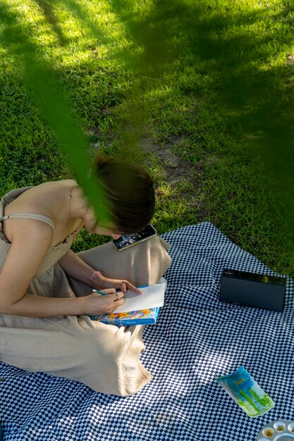 High angle view of man sitting on field