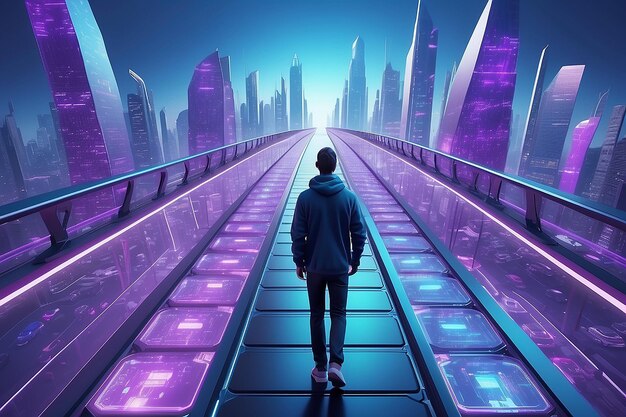 Foto vista ad alto angolo sull'uomo che cammina sul ponte digitale verso il metaverso futuristico della città intelligente a tonalità di colore blu e viola