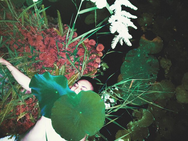 Photo high angle view of man with lily pads