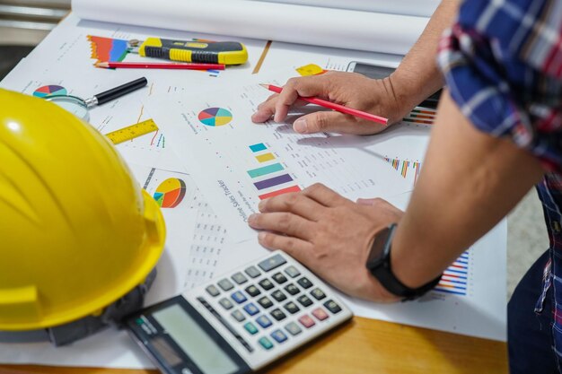 High angle view of man working on table