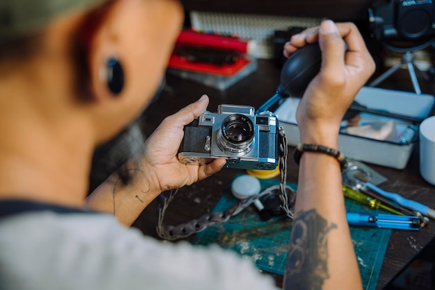 High angle view of man working on table