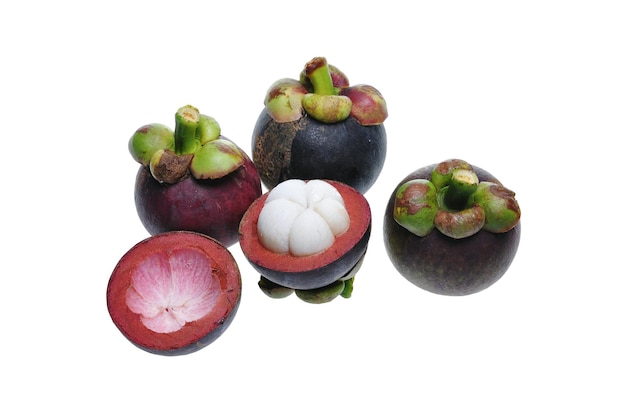 High angle view of mangosteens over white background