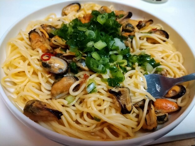 High angle view of meal served in bowl