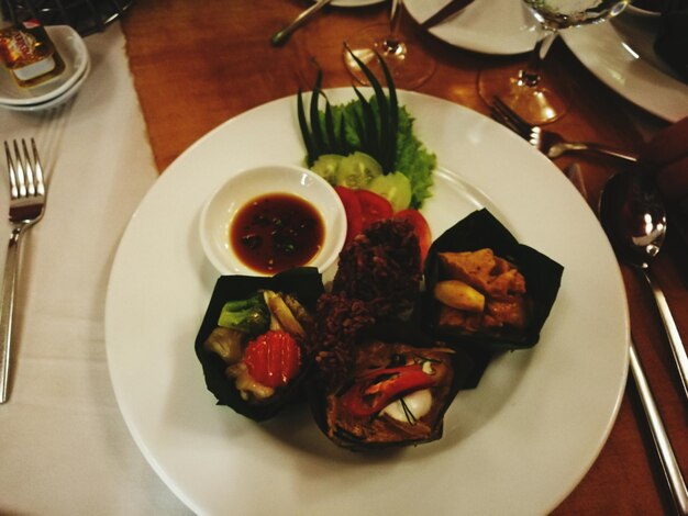 High angle view of meal served in plate