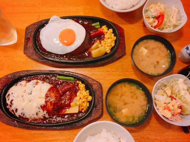 High angle view of meal served on table