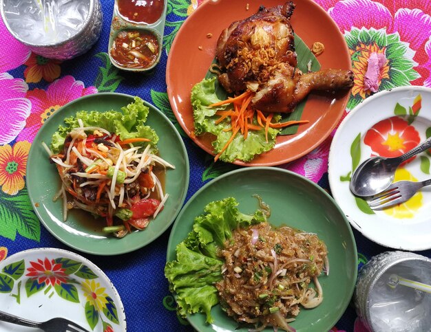 High angle view of meal served on table