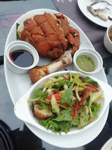 High angle view of meal served on table