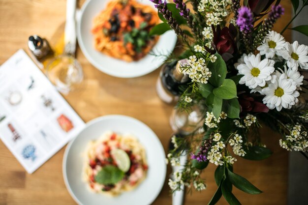 High angle view of meal served on table