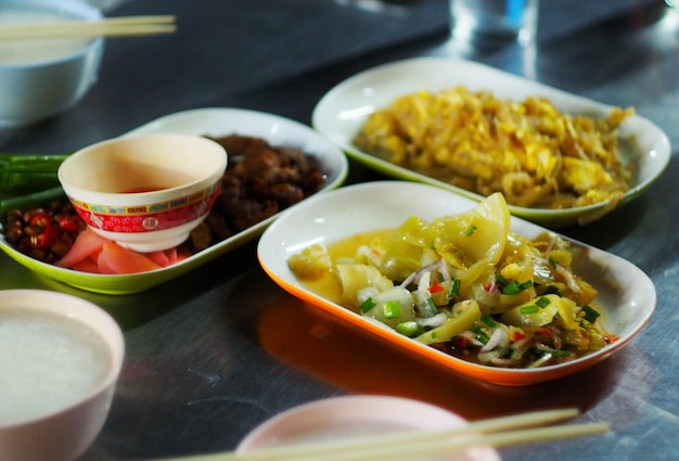 High angle view of meal served on table